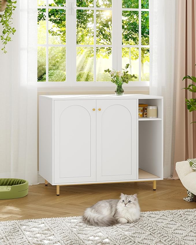 Extra Large Cat Litter Box Enclosure, Automatic Litter Box Furniture with Scratch Pad, Wooden Modern Self-Cleaning Cat Cabinet with Storage, Cats House, End Table, White and Gold CB87103G
