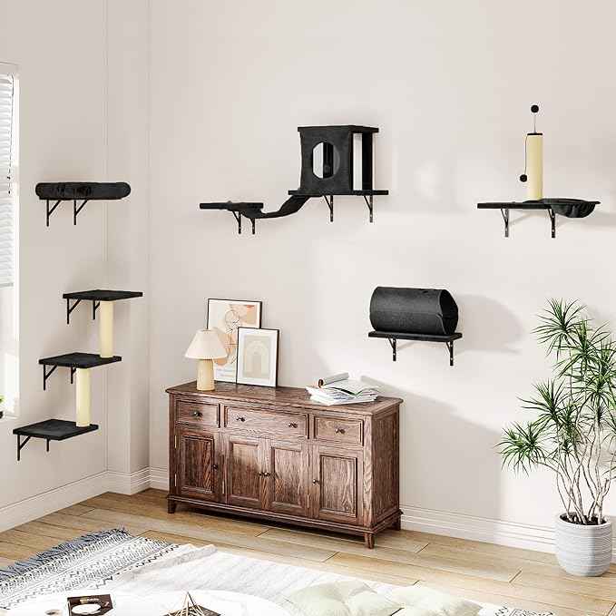 NUNU LAB Wall Mounted Cat Wall Shelves, 14-in-1 Cat Wall Climber with Bridge, Tunnel, House, Scratcher, Steps, Indoor Space-Saving Furniture for Kittens Play, Black