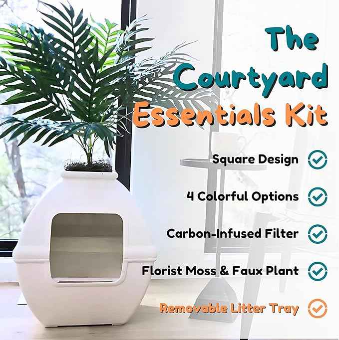 Good Pet Stuff Hidden Litter Box Planter, Decorative Cat Litter Enclosure with Carbon Filter, Artificial Plant, Easy Clean, Indoor Design, Courtyard Square Style, Essentials Kit, White Birch