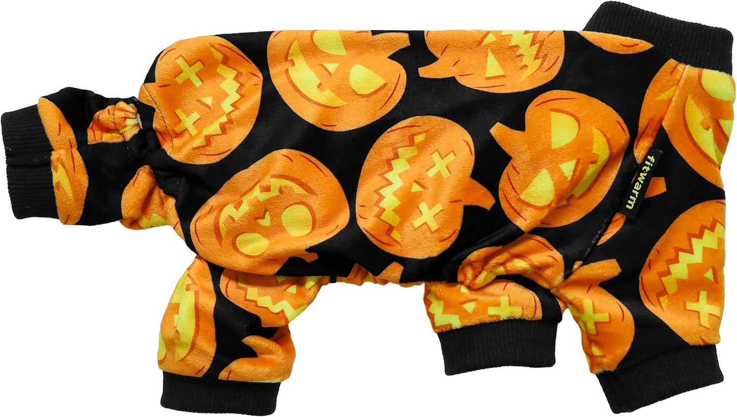 Fitwarm Halloween Pumpkin Dog Pajamas, Funny Dog Winter Clothes for Small Dogs Girl Boy, Pet Jumpsuit, Cat Halloween Costumes with Feet, Lightweight Velvet, Black, Orange, Large