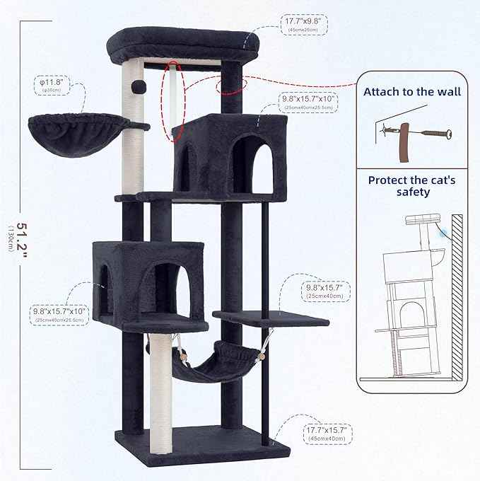 51.2'' Cat Tree Tower, Cat Tower with Scratching Post, Sturdy Steel Pube Cat Tree for Inoor Cats Large Adult, Cat Hammock and Basket, Padding Top Platform, Drak Gray GCT014G