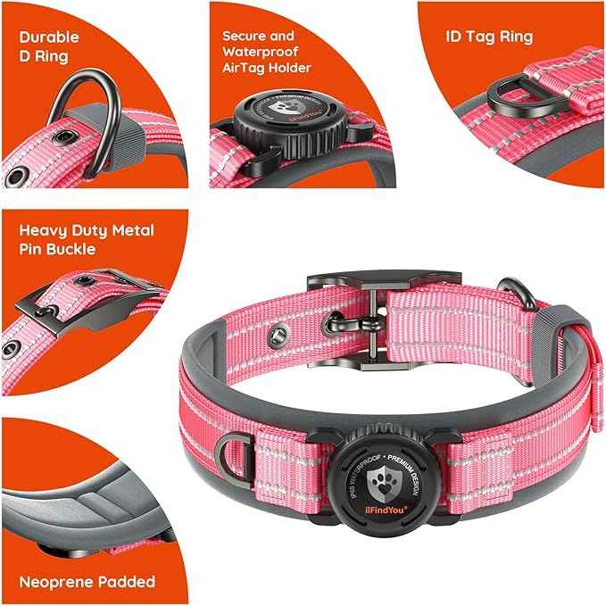 Upgraded AirTag Dog Collar with Holder, Waterproof Reflective Air Tag Dog Collar with widened Comfortable Padding & Ultra-Durable Metal Buckle, Adjustable for eXtra Large Dogs (XL, Rose Red)