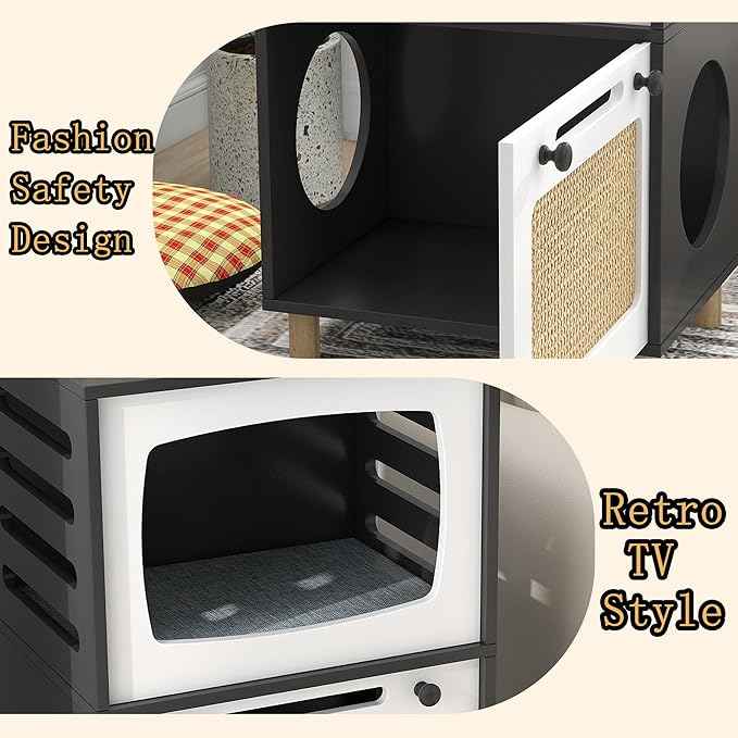 TaoHFE Cat Hideaway Modern Cats Furniture for Living Room Cat Houses for Indoor Cats with Scratching Pad & Soft Cushion, Cats Beds for Indoor TV Design end Table, Black
