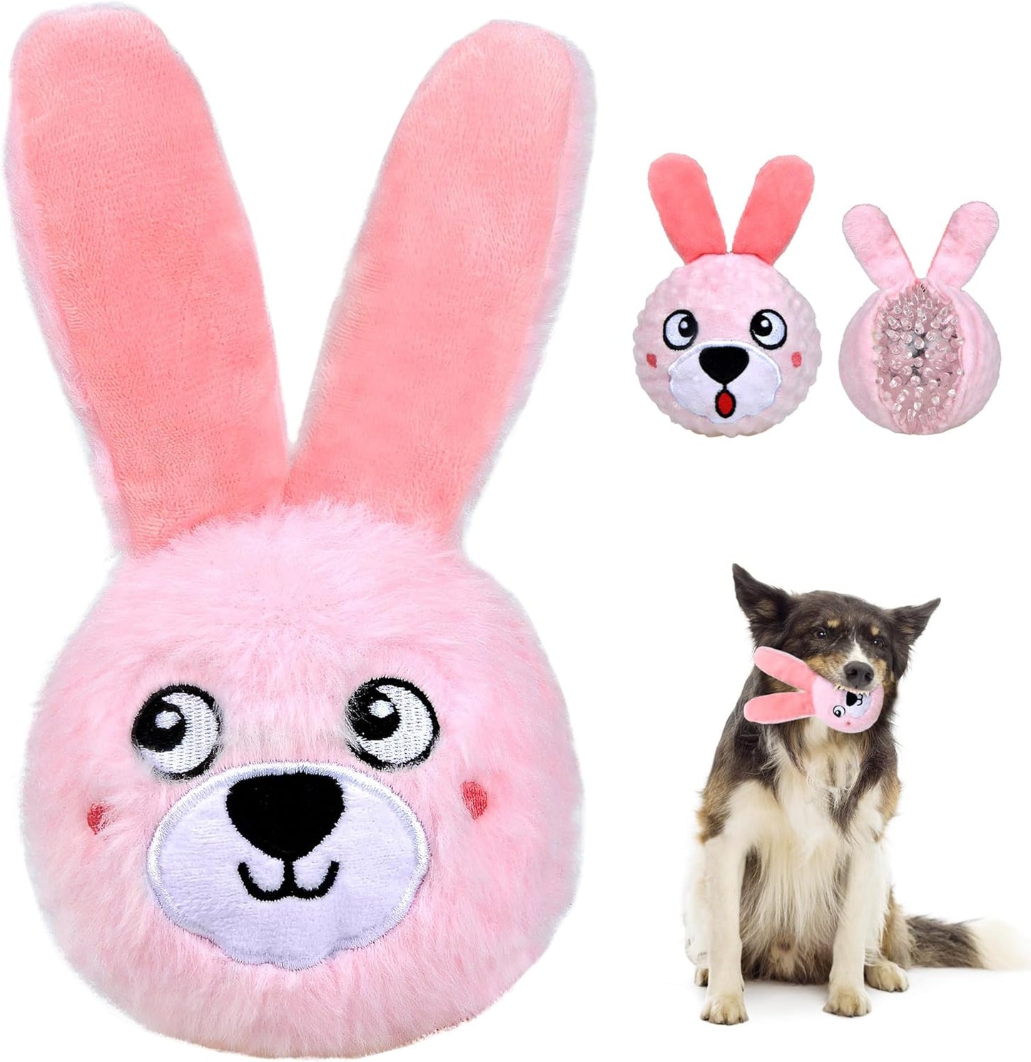 Fida Squeaky Dog Toys for Aggressive Chewers 3 in 1, Dog Chew Toys with 3 Layers,Interactive Dog Toys for Large Dogs Balls to Keep Them Busy for Small Medium Dogs(Pink Bunny)