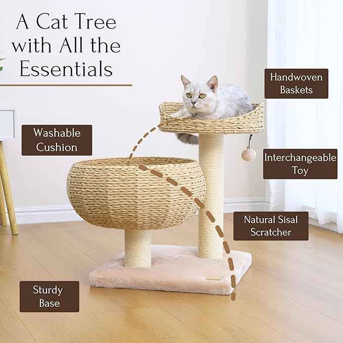 PetPals 23" High Handwoven Recycled Paper Rope Baskets Bed and Perch, Sisal Scratching Post, Playful Teaser Toy, Washable Cushion, for Indoor Cats (Beige)