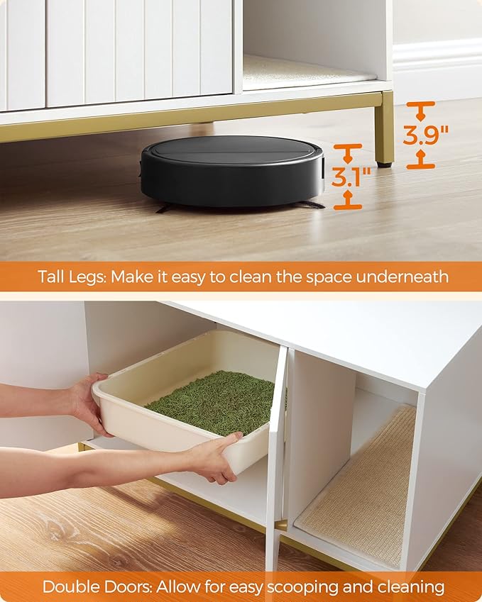 Feandrea Cat Litter Box Enclosure, Hidden Litter Box Furniture with Scratch Pad, Front Entry, Double Cabinet Doors, Modern Style, 31.5" Cat House Washroom Side End Table, White and Gold