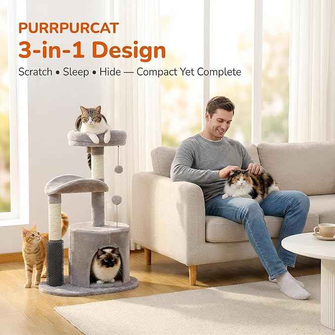 32" 7 Small Cat Tree for Kittens & Senior Cats, Removable Plush Perch, Cozy Condo, Sisal Scratching Post, Compact Cat Tower for Small Spaces w/Cat Toy
