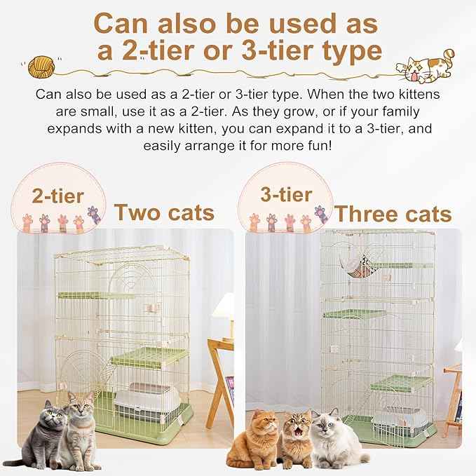 Cat Cage 2-Tier Indoor Cat Enclosure with Widen Bottom Buckle & Reinforced Locking Clamps DlY Cat Playpen for 1-2 Cats & Small Pets,31" Lx 20" W X 36" H (Green, Two-Tier36)