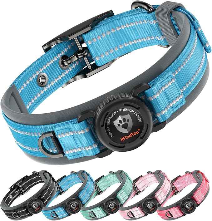 Upgraded AirTag Dog Collar with Holder, Waterproof Reflective Air Tag Dog Collar with Widened Comfortable Padding & Ultra-Durable Metal Buckle, Adjustable for Medium (Blue, Small)