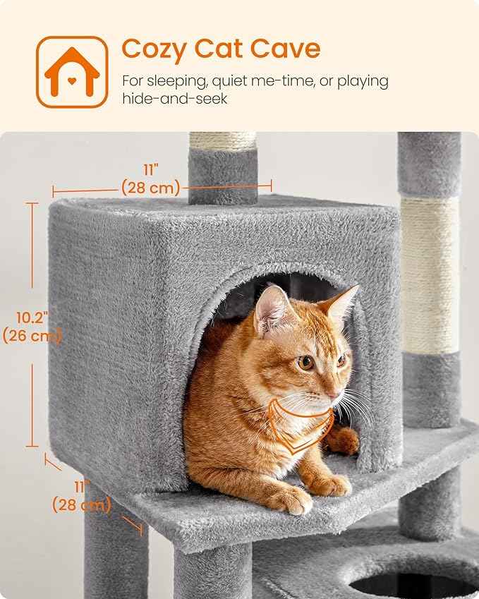 Feandrea Cat Tree, 59.5-Inch Tall Cat Tower, Plush Multi-Level Condo with 5 Scratching Posts, 2 Perches, 2 Caves, Hammock, 2 Pompoms, Light Gray UPCT192W01