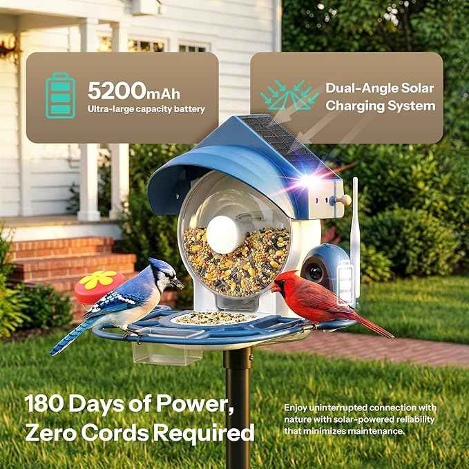 Smart Bird Feeder with Camera - 2K HD Smart Bird Feeder, Solar Powered Outdoor Birdhouse with Easy Clean Design for Backyard Birding & Wildlife Bird Watching, Gift for BirdLover (Blue)