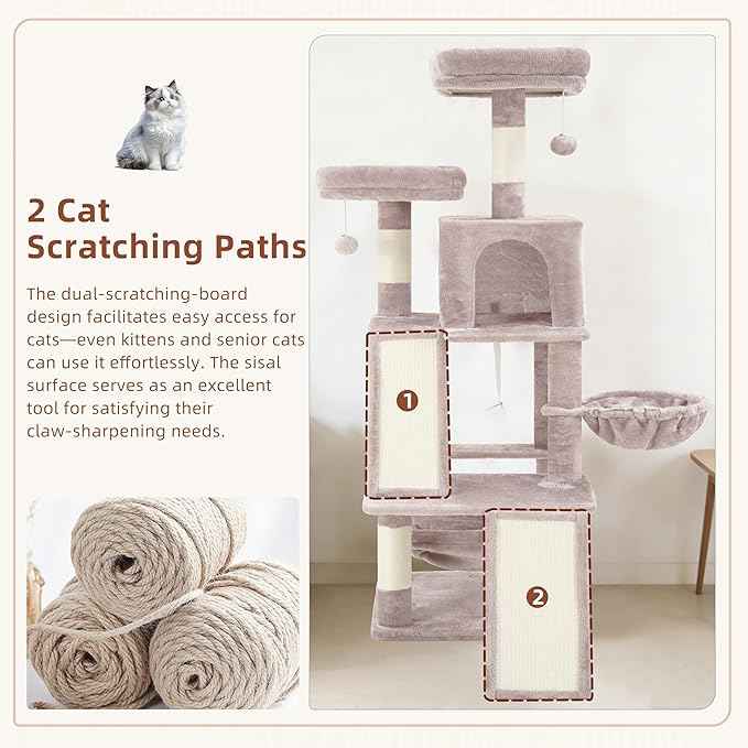 Multi-Level Cat Tree for Indoor Cats, Cat Tower with 2 Scratching Boards, 2 Plush Padding Platforms, Cat Condo House with Hammock, Basket, Muchroom GCT022MU