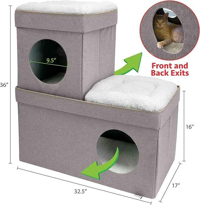 Kitty City Large Stackable Cat Condo & Cube House, Modular Indoor Cat Furniture with Plush Washable Beds, Collapsible Cat Cave & Lounging Ottoman, Tan