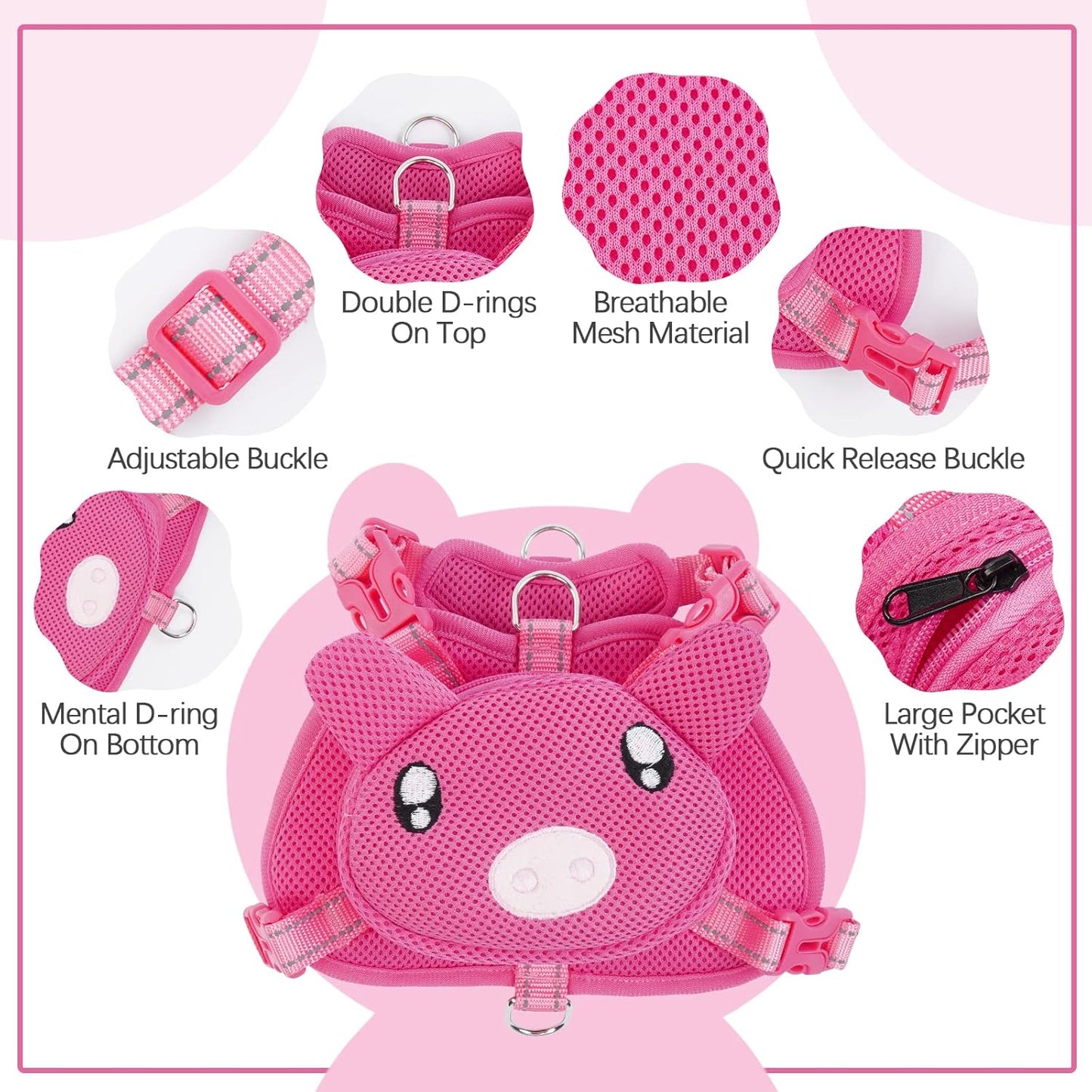IDOMIK Dog Backpack Harness, No-Pull Dog Backpack with D-Ring for Small Medium Dogs, Cute Self Carrier Backpack for Dogs to Wear, Adjustable Dog Harness Backpack for Traveling Camping Hiking,Pig,XS