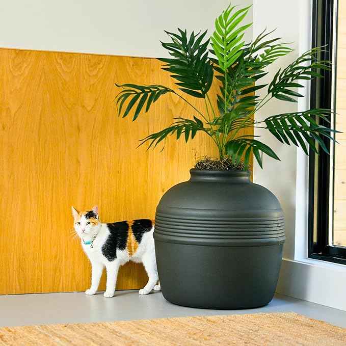 Good Pet Stuff Hidden Litter Box Planter, Decorative Cat Litter Enclosure with Carbon Filter, Artificial Plant, Easy Clean, Indoor Design, Original Round Style, Essentials Kit, Black Suede