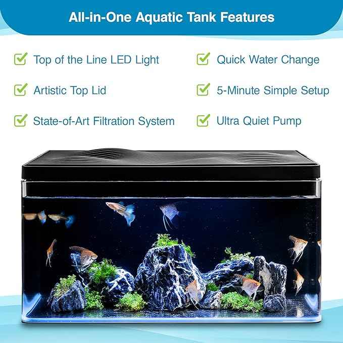 Harmony Aquarium Tank Deluxe by Clairnara – All-in-One 8 Gallon Freshwater Fish Tank with LED Light, Quiet Pump, Patented Filtration, and Special Wood Grain Toplid – iF Design Award Winner