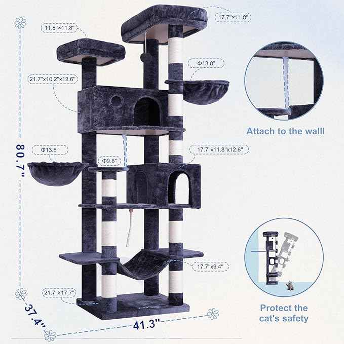 Tall Cat Tree, Large Cat Tower for Adult Cats, 80.7'' (205cm) Heavy-Duty Cat Tree House for Indoor Cats 20 lbs+ with Scratching Posts, 2 Top Perches/Condos, Hammcok, Smoky Gray GCT034G