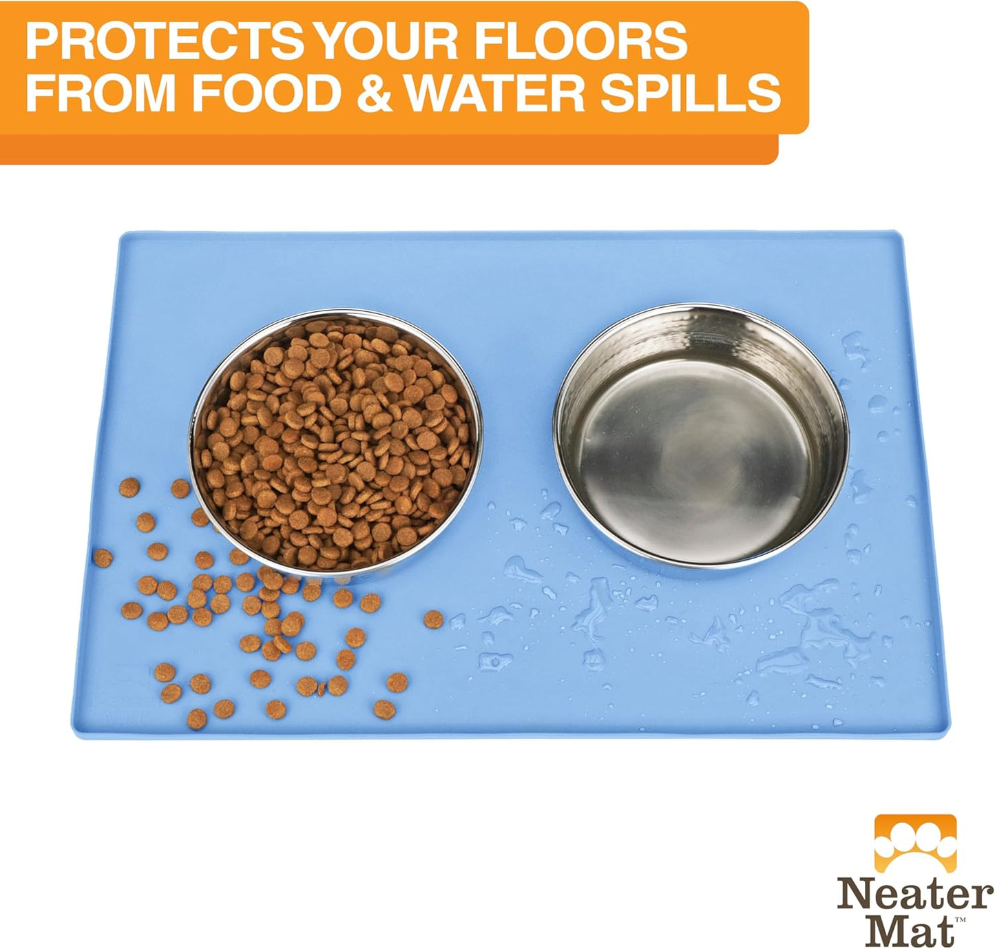 Neater Pet Brands Neater Mat Pet Mats for Food and Water, Cat & Dog Bowl Mat Waterproof Silicone, Feeding Tray, Dog Food Mats for Floors, Placemat w/Raised Edge for Under Bowls, 32" x 24", Light Blue