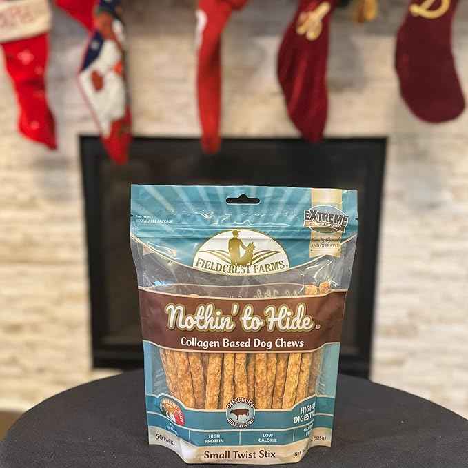 Fieldcrest Farms Nothin' to Hide Twist Stix, Beef Flavor, Easily Digestible, Supports Skin, Coat, Joints & Muscles, for Moderate Chewers Under 15lbs, 50 Pieces