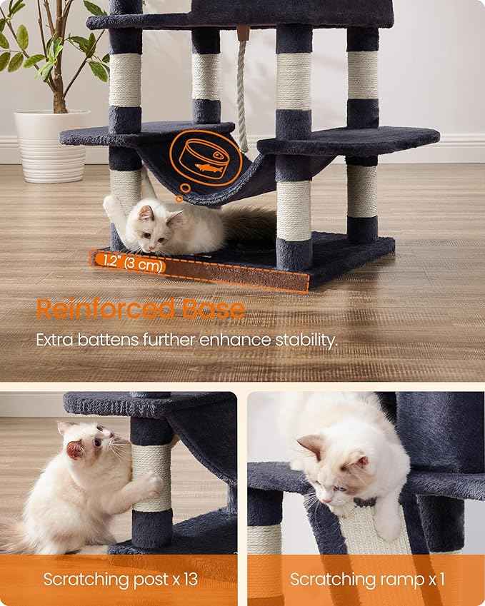 Feandrea Cat Tree, 66.1-Inch Large Cat Tower, Multi-Level Plush Condo with 13 Scratching Posts, 2 Perches, 2 Caves, Basket, Hammock, Pompoms, Smoky Gray UPCT165G01