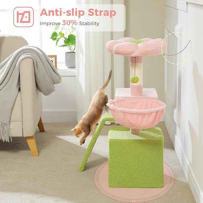 PETEPELA Flower Cat Tree for Indoor Cats, 32'' Small Cat Tower Cat Condo with Sisal Scratching Ramp, Cozy Hammock and Removable Flower Bed Perch for Kittens, Pink