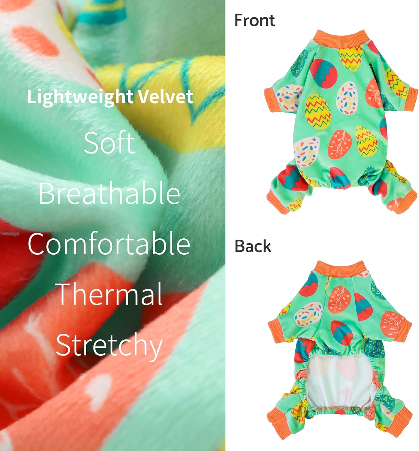 Fitwarm Easter Egg Dog Pajamas, Holiday Dog Clothes for Small Dogs Girl Boy, Pet Easter Outfit, Puppy Cat Onesie, Lightweight Velvet, Light Green, Orange, Large