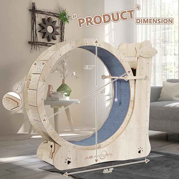 Cat Exercise Wheel, 43" Cat Running Wheels for Indoor Cats with with Locking Mechanism, Cats Treadmill Wheels with Scratching Board and Teaser Toy, Cat's Weight Loss and Health
