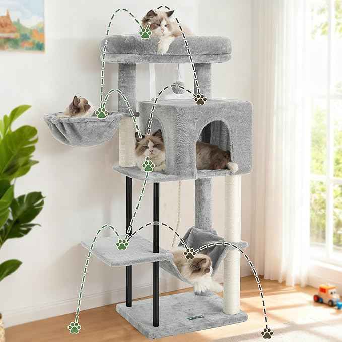Cat Tree, Cat Tower for Indoor Cats, 43.3 inch Cat Tree Tower with Sturdy Steel Tube, Cat Hammock, Cat Condo for Small Cats and Kittens, Cat Scratching Post, Light Gray GCT004SW