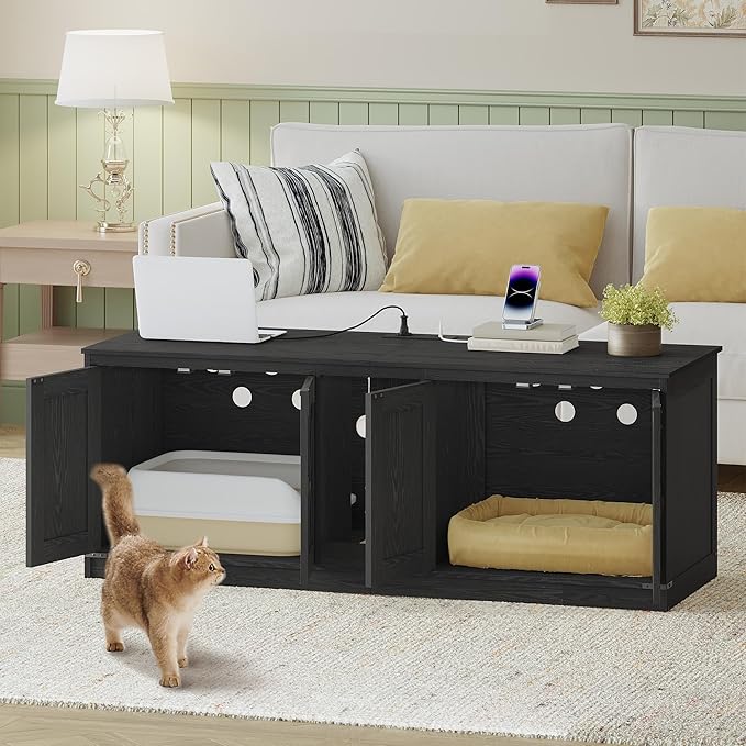 55" L Cat Litter Box Enclosure for 2 Cats, Double Hidden Litter Box Furniture with Scratch Pad, Wooden Cat Cabinet with USB Ports & Power Outlets, Farmhouse TV Stand, Black CB82504X