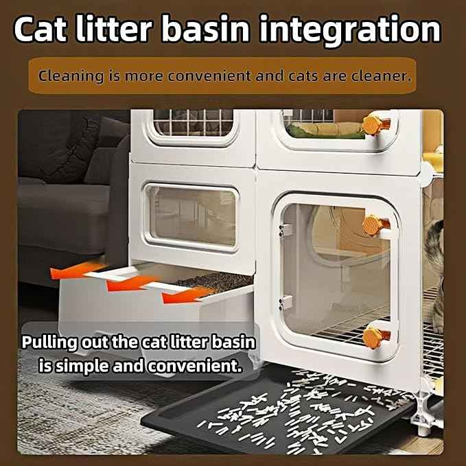 Indoor cat cage with Litter Box, Complimentary Cat Bed, Bow,lcat House with Wheels Outdoor,Large cat Villa Playpen, Small Animal Dog Kennel cat enclosures (41″(L) x18″(W) x46″(H))