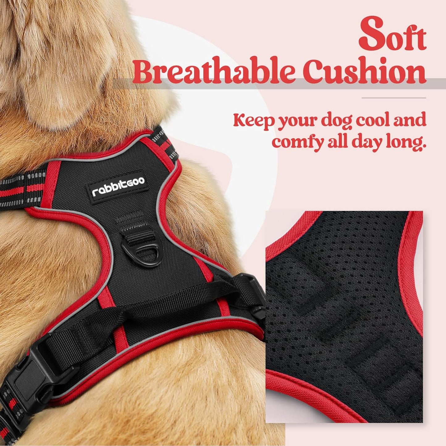 rabbitgoo Dog Harness No Pull with 2 Leash Clips, Adjustable Soft Padded, Reflective Oxford No Choke Pet Vest with Easy Control Handle for Large Dogs, Black & Red, XL