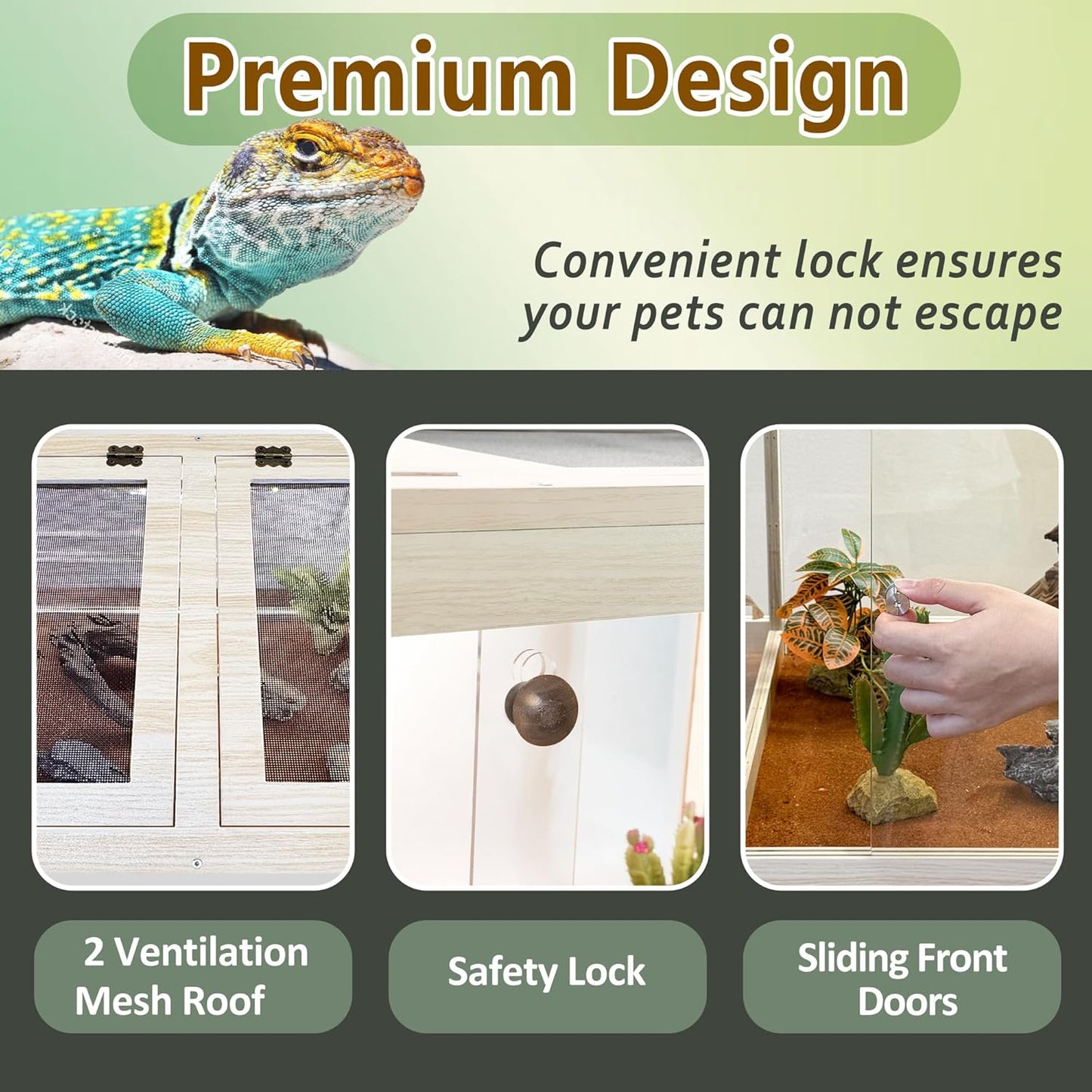 PROLEE Tempered Glass Reptile Enclosure with Leg,40“ Scratch-Proof Bearded Dragon Tank,62 Gallon Lizard Tank with Metal Mesh Tops and Lockable Door,Spacious Reptile Habitat for Snake,Lizard (Oak) - FurryFun
