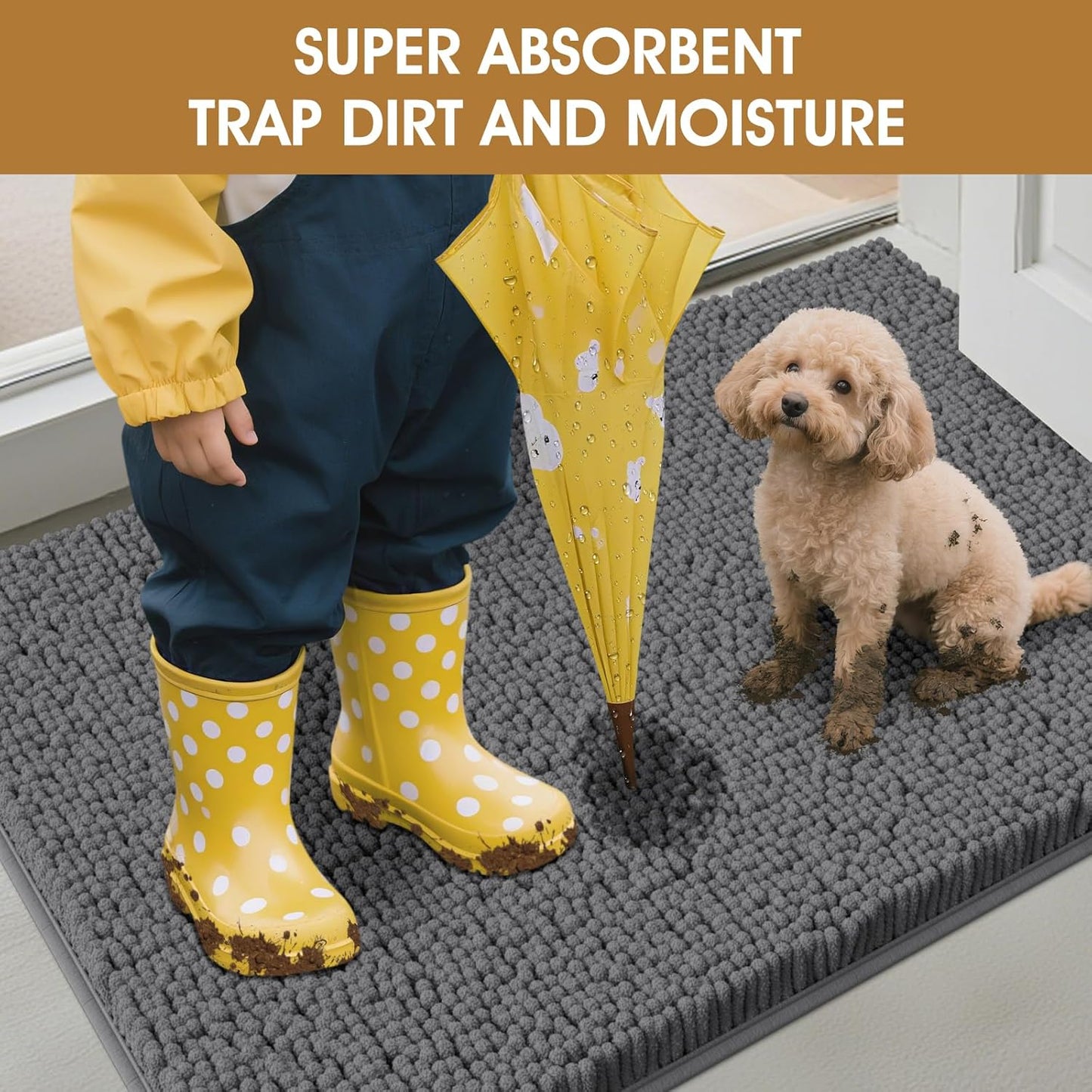 4 Pieces Muddy Door Mats for Dogs, Chenille Absorbent Pet Mats, Quick Dry, Trap Dirt Non Slip Heavy Indoor Doormat Soft Dog Bed Mat Front Inside Door Mat for Indoor Outdoor Entrance,Grey