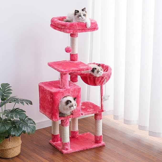 Heybly Cat Tree with Toy, Cat Tower Condo for Indoor Cats, Cat House with Padded Plush Perch, Cozy Hammock and Sisal Scratching Posts, Flamingos HCT004SF