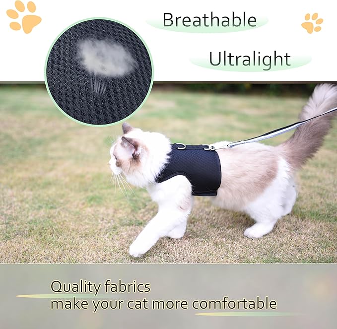 Cat Harness and Leash for Walking Escape Proof Breathable Mesh Fabric, Solid Black, Extra Large, Adjustable Cat Walking Jackets, Padded Stylish Cat Vest
