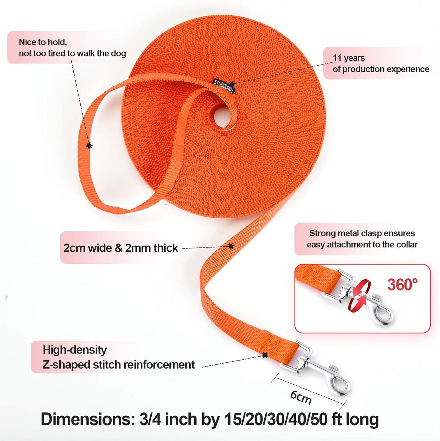 Siumouhoi Dog/Puppy Obedience Recall Training Agility Lead - 15ft 20ft 30ft 40ft 50ft Training Leash - Great for Play, Camping, or Backyard - Orange 50ft