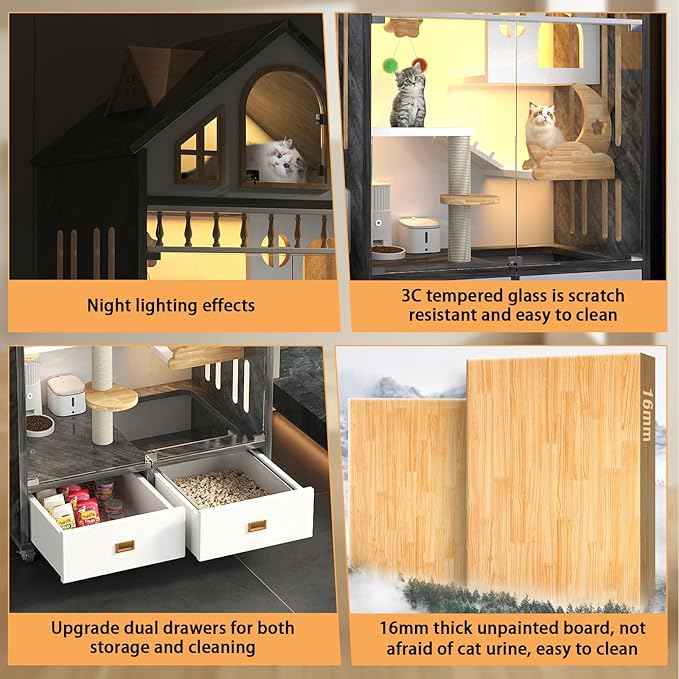 Wooden Cat House Indoor Cats Villa on Wheels, Large Space Cat Cage with Scratching Post, Multi-Feature Enclosed Cat Condo with Cat Litter Box Drawer, 63" X 35" X 24"