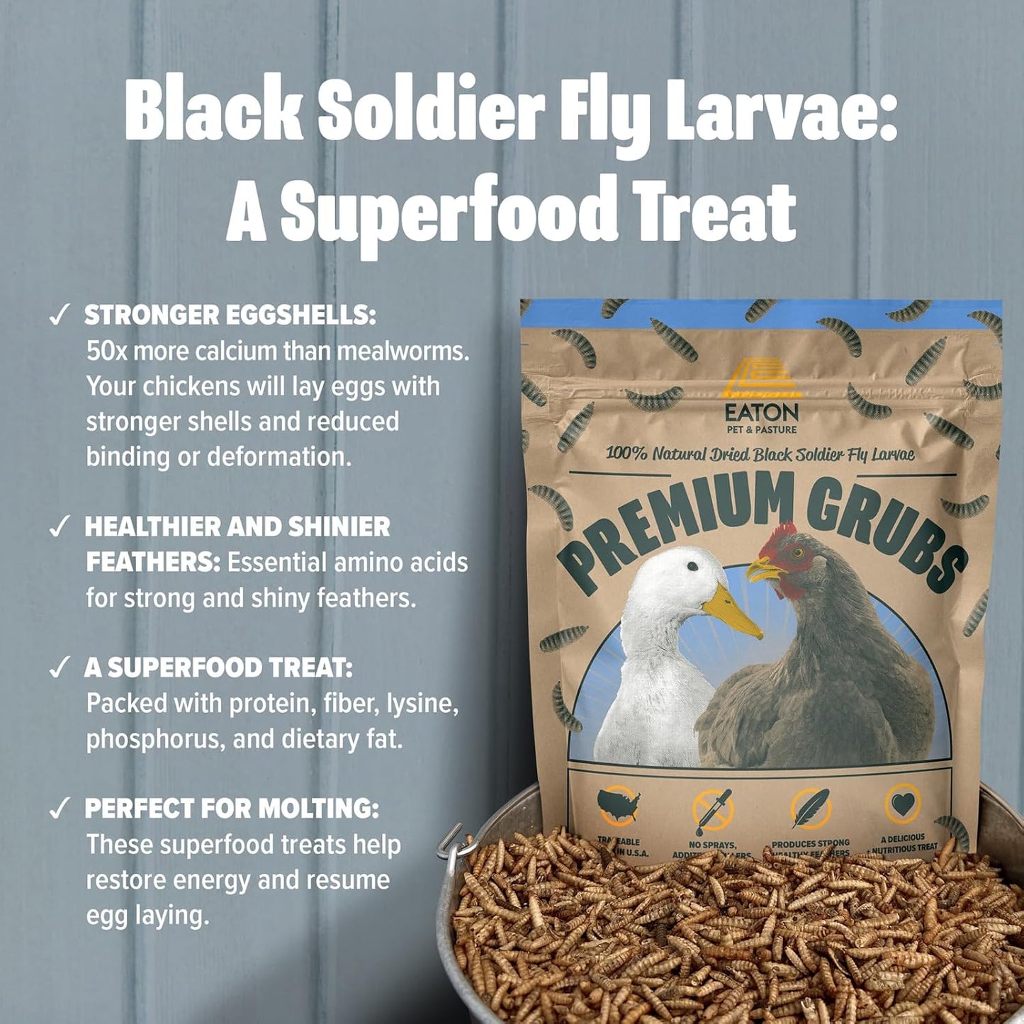 Eaton Pet and Pasture Premium Grubs, USA Grown Dried Black Soldier Fly Larvae, High Calcium Treat for Chickens, Ducks, Wild Birds (5 LB)