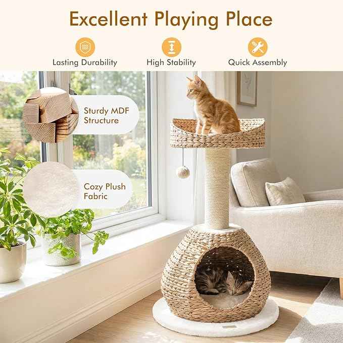 PETSITE 28-inch Modern Cat Tree, Small Cute Cat Tower Sisal Scratching Post, Hand-Made Wicker Condo and Top Perch, Interative Dangling Ball, Ideal for Indoor Cats