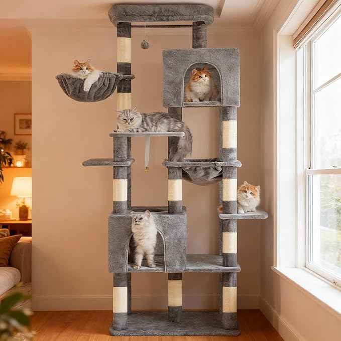 Heybly Cat Tree, 76-Inch Tall Heavy Duty Cat Tower for Big Cats with Extra Wide Baseboard, Multi-Level Large Cat Furniture with 2 Condos & 2 Hammocks, 10 Scratching Posts, Light Gray HCT039W