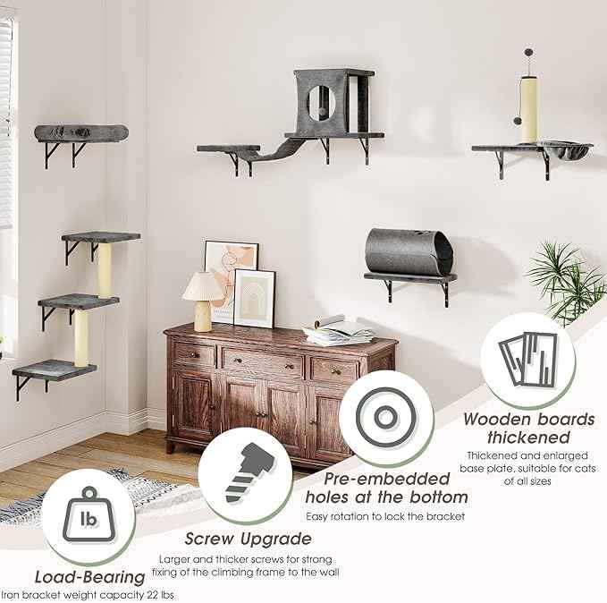 NUNU LAB Wall Mounted Cat Wall Shelves, 14-in-1 Cat Wall Climber with Bridge, Tunnel, House, Scratcher, Steps, Indoor Space-Saving Furniture for Kittens Play, Gray