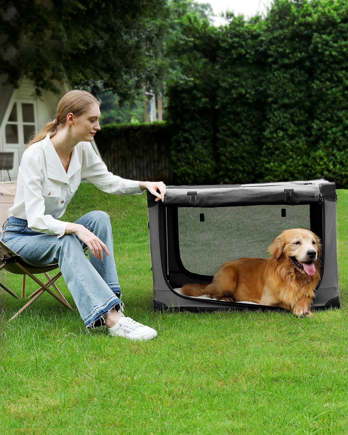 24-Inch Collapsible Travel Dog Crate, Portable 4-Door Soft Kennel for Medium to Large Dogs, Durable Mesh Windows, Indoor/Outdoor Use, Foldable, with Storage Bag (Grey)