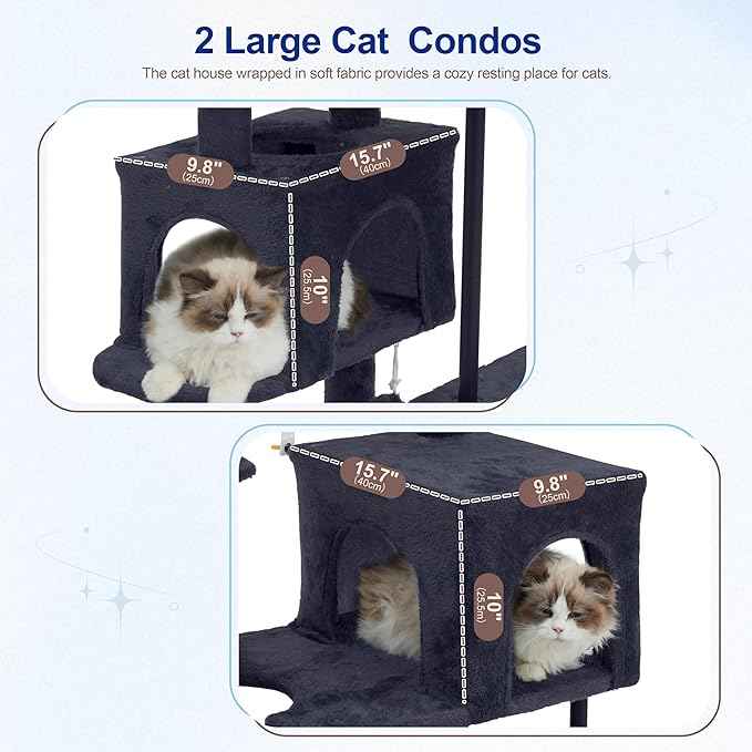 51.2'' Cat Tree Tower, Cat Tower with Scratching Post, Sturdy Steel Pube Cat Tree for Inoor Cats Large Adult, Cat Hammock and Basket, Padding Top Platform, Drak Gray GCT014G