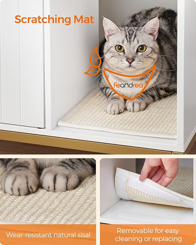 Feandrea Cat Litter Box Enclosure, Hidden Litter Box Furniture with Scratch Pad, Front Entry, Double Cabinet Doors, Modern Style, 31.5" Cat House Washroom Side End Table, White and Gold