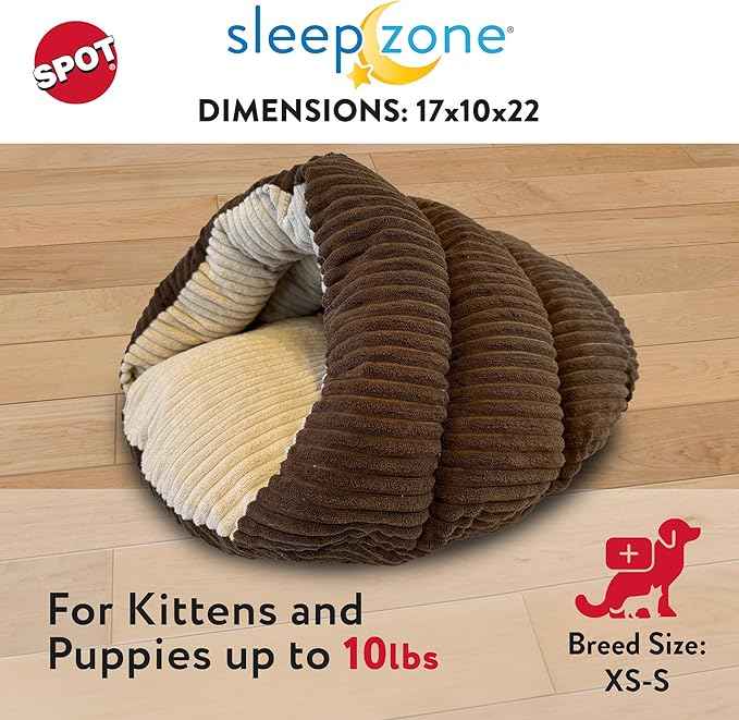 SPOT Sleep Zone Cuddle Cave - Cat Cave Bed for Indoor Cats and Mini Dogs, Durable, Comfortable, Washable for Kittens and Puppies Under 10 lbs and 12 inches Long, Corduroy Brown