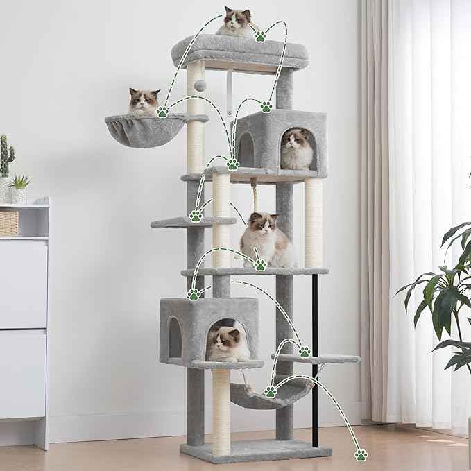 Cat Tree for Indoor Cats Large Adult, 70.5'' Cat Tower with Scratching Post, Sturdy Steel Pube Cat Tree Tower with Large Playing Platfrom, Hammock and Basket, Top Perch, Light Gray GCT024W