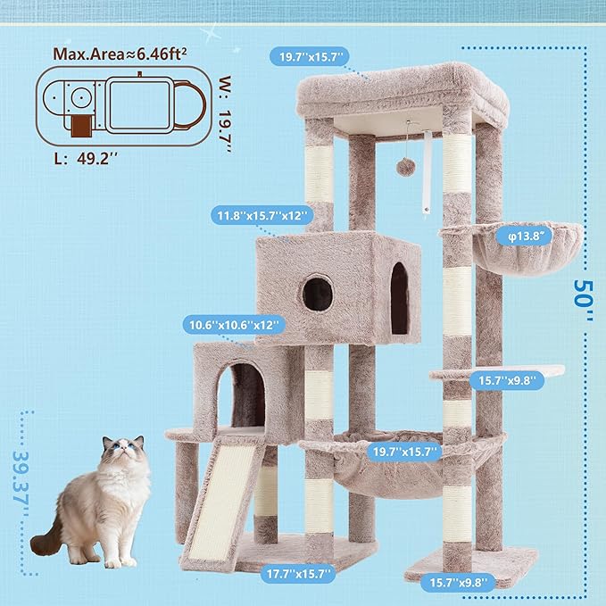 Hey-brother Cat Tree Tower, Scratching Posts with Big Platform, 2 Condos, Spacious Hammock, Cozy Basket, Sisal Board for Indoor Large Adults, 50 Inches Progressive Climbing House, Muchroom MPJ071MU