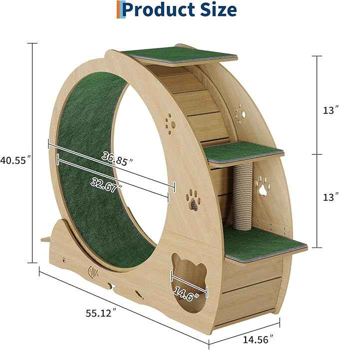 55" Multi-Cat Exercise Wheel with 3-Level Jumper & Scratching Pad - Silent TPE Spinner Activity Center with Rest Area to Prevent Boredom and Obesity in Indoor Cats