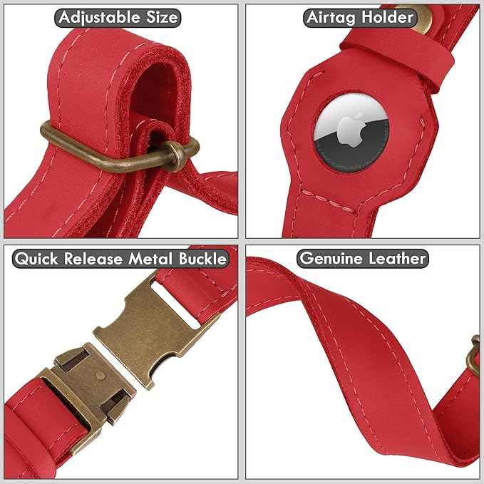 AirTag Dog Collar - Genuine Leather Dog Collar with Apple AirTag Holder and Metal Buckle - Smart GPS Tracking Pet Collars (Red, XS, 9"-12" Neck Fit)