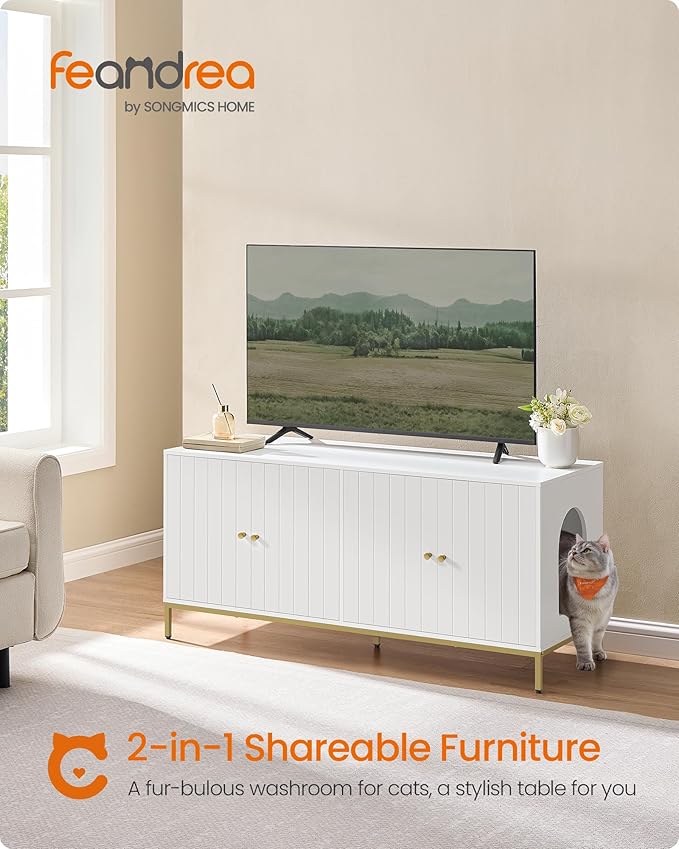 Feandrea Double Cat Litter Box Enclosure, Hidden Litter Box Furniture with Double Room, for 2 Cats, Modern Style, 47.2" Pet House Washroom Cabinet, Side End Table, TV Stand, White and Gold